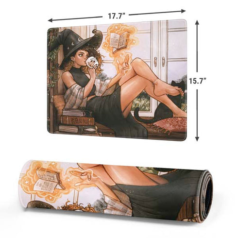 Cozy Autumn Library Witch with Cat and Coffee by Ivy Dolamore Gaming Mouse Pad